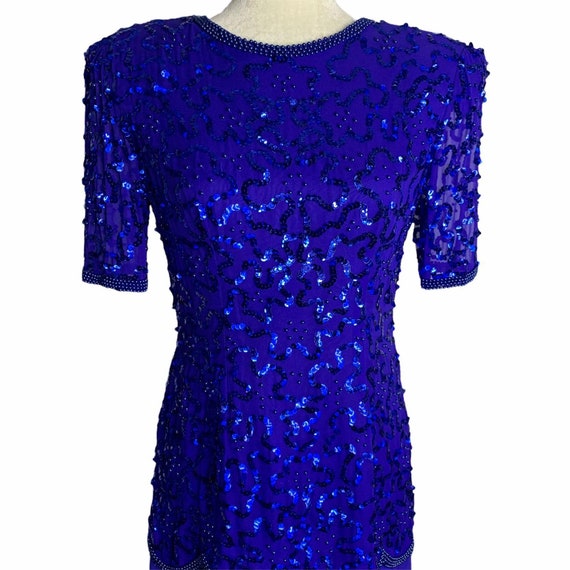 Vintage Sequin Beaded Evening Dress S Blue Silk C… - image 2