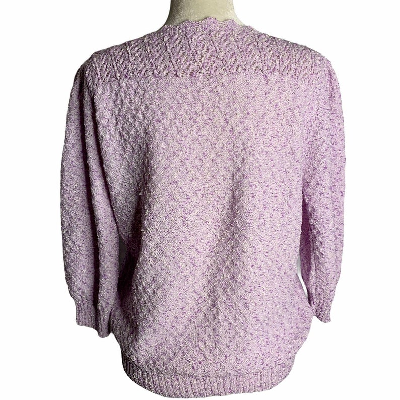 Vintage Boucle Loose Knit Sweater M Purple Boatneck Crochet Scallop 3/4 Sleeve image 6