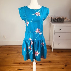 Vtg 70s Otaheite Hawaiian Floral Turquoise Mini Dress Small Tropical Beach Smock
