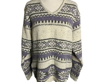 Vintage 80s Fair Isle Sweater L Beige Purple V Neck Pullover Long Sleeves Ski