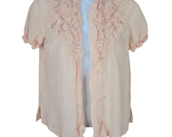 Vintage 40s Peach Embroidered Short Sleeve Silk Blouse Frog Button Womens XS