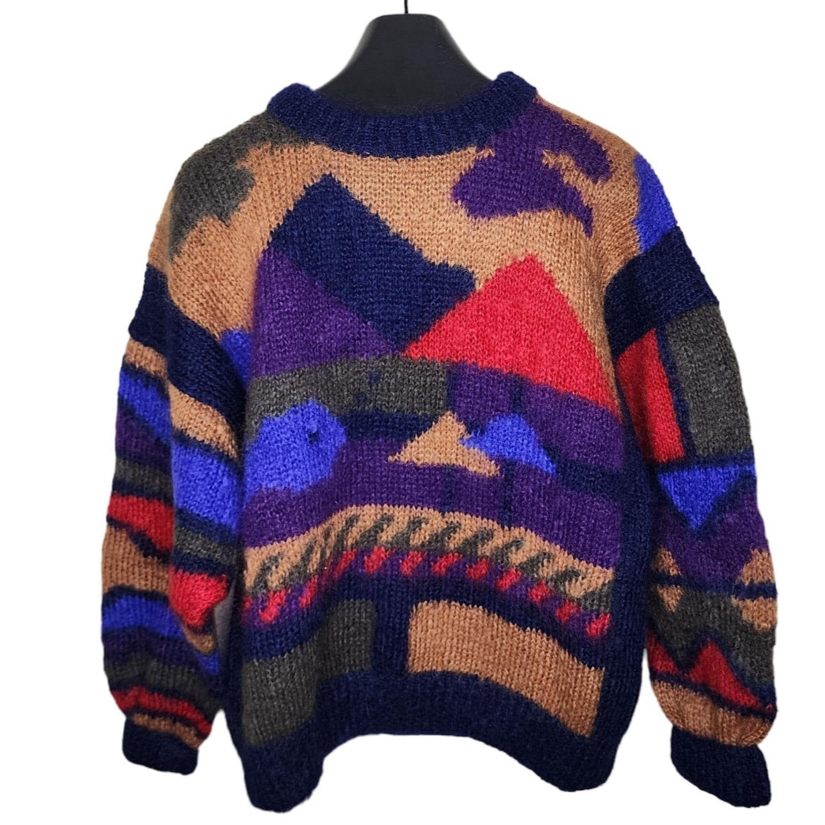 【U LAN】(UNISEX) Stars and Stripes Mohair Oversized Knit Vintage 90s Mohair Chunky Landscape Sweater Womens XL Blue