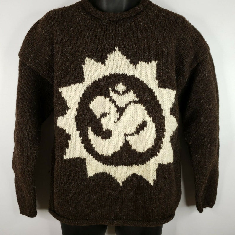 Vintage 90s Does 70s Brown Beige Hand Knit Wool Sweater L Om Symbol Sun Namaste