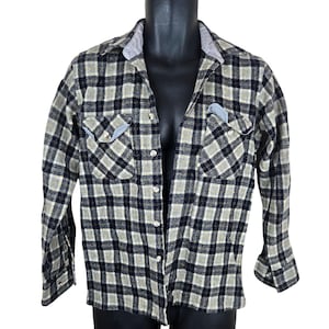 May include: A long-sleeved, button-down flannel shirt in a classic plaid pattern. The shirt features a color palette of navy blue, gray, and beige, with light blue accents on the pockets and collar. The shirt is displayed on a mannequin.