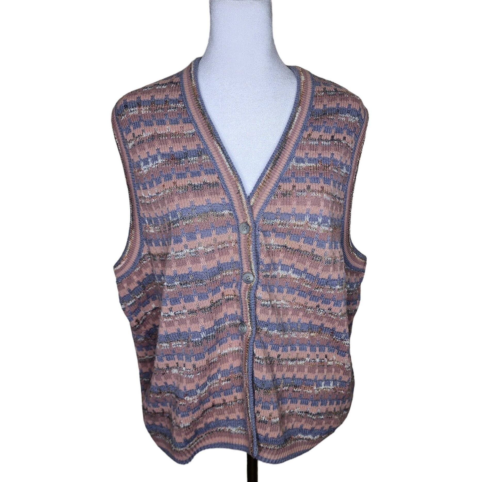 Vintage 80s Preppy Sweater Vest Womens Size XL Brown Blue Norm Core