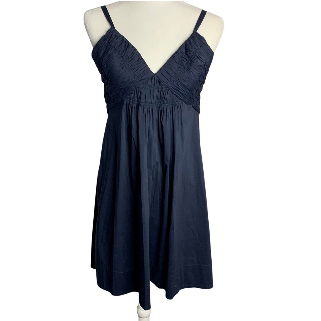 bcbg dress navy blue Vintage Open Back Mini L Ruched Lined Bust V Neck Christine Dress