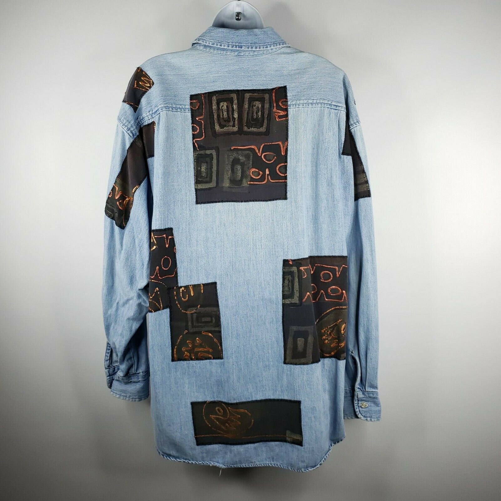 Vintage 90s Womens L Denim Blue Jean Shirt Oversized Painted Art