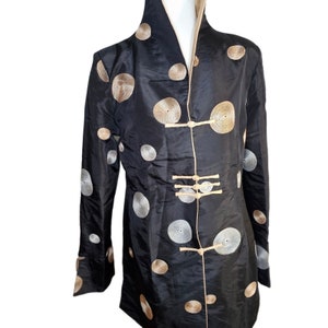 Vintage 90s Chinese Silk Jacket Womens Size M Black Gold Silver Coins