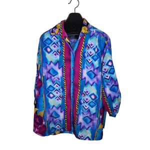 Vintage 90s Long Sleeve Blouse Abstract Shirt Womens Size 2XL Blue