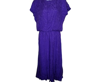 Vintage 80s Cap Sleeve Blouson Dress Womens Size 6 Royal Purple Paisley