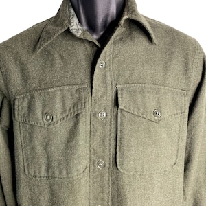 Vintage 70s Wool Button Down Shirt S Grey Green Long Sleeves Collar