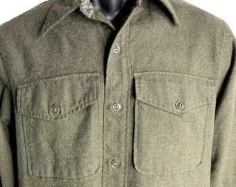 Vintage 70s Wool Button Down Shirt S Grey Green Long Sleeves Collar