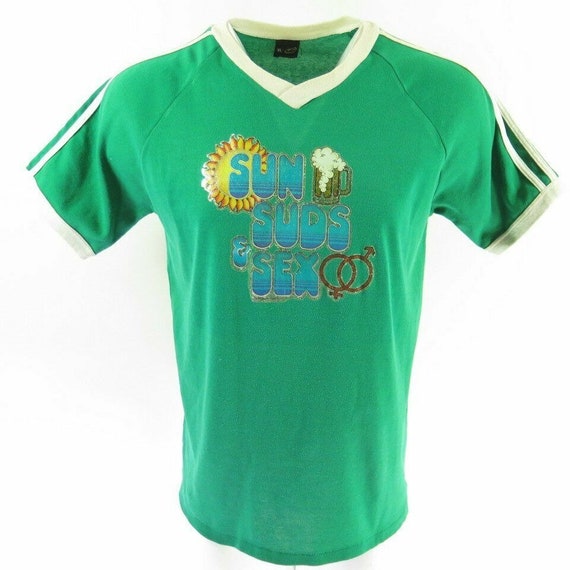 Vintage 70s Sun Suds Sex T Shirt XL Green Glitter