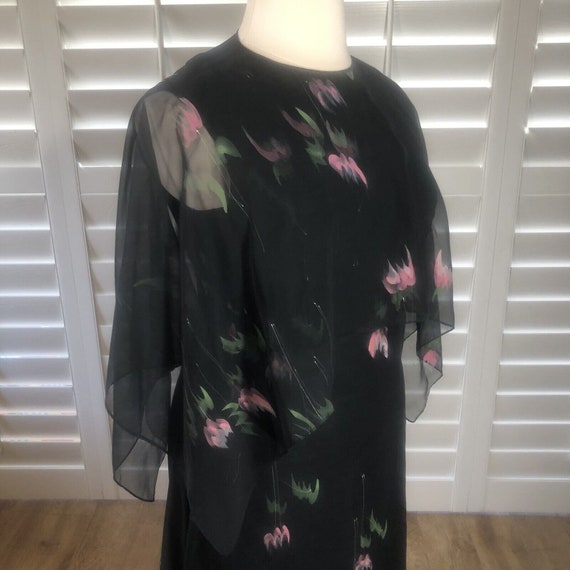 Vtg 80s Black Chiffon Floral Floor Length Dress L… - image 5