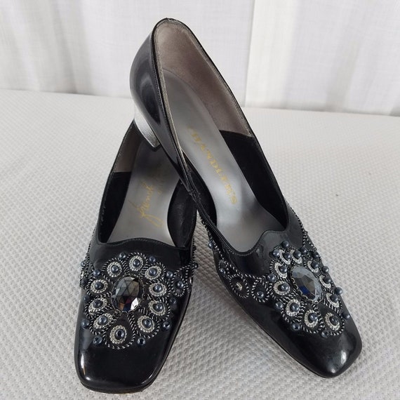 1950s 6 Chandlers French Room Originals Black Patent Leather Bejeweled Shoes