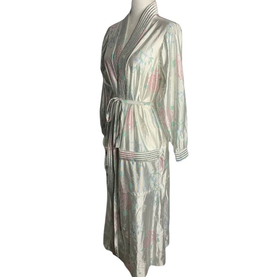Vintage Floral Robe Dressing Gown M White Satin P… - image 3
