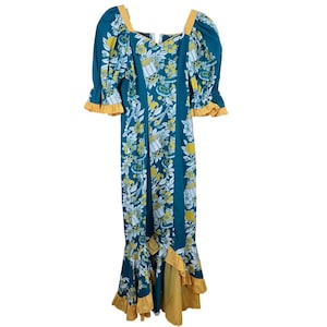Vintage 80s Hawaiian MuuMuu Maxi Dress Womens M Teal Yellow Ruffle Hem