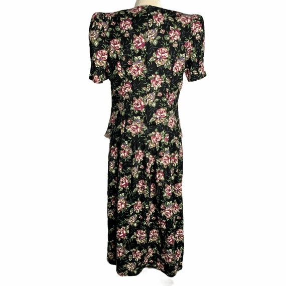 Vintage Floral Midi Dress M Black Short Sleeve La… - image 6