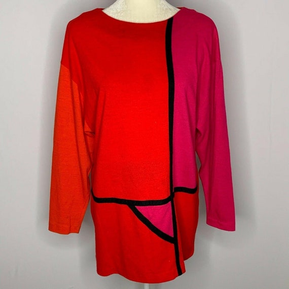 Vintage 80s Leslie Fay Tunic Sweater 8 Red Pink Ov