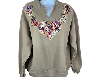 Sudadera vintage con bordado de corazón floral, cuello con volantes, talla L para mujer, color tostado, estilo abuela.