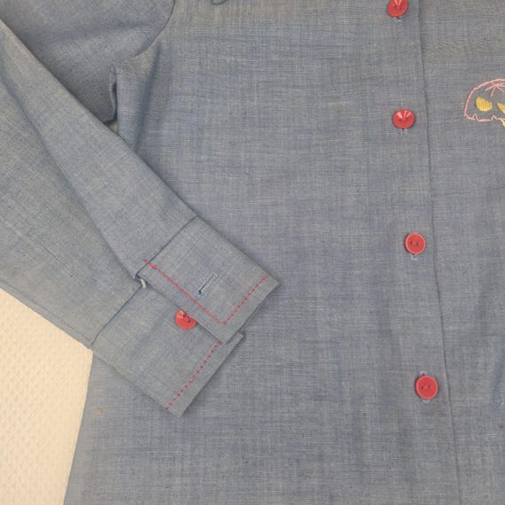 Vintage 70s Embroidered Shirt Womens Small Blue T… - image 5