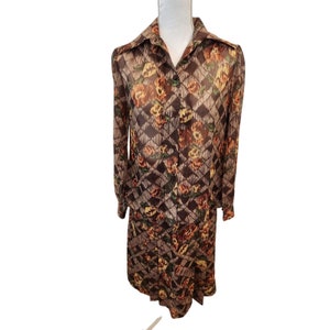 Vintage 70s Brown Orange Floral Two Piece Shirt Blouse Skirt Set M Groovy