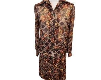 Vintage 70s Brown Orange Floral Two Piece Shirt Blouse Skirt Set M Groovy