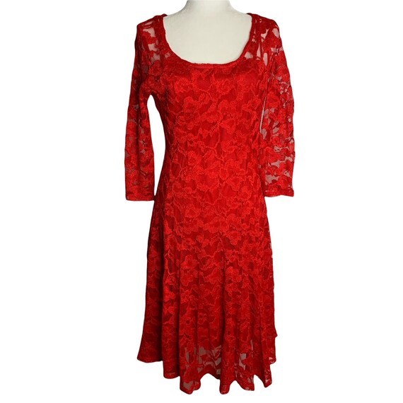 Vintage Leslie Fay Lace Swing Dress 10 Red Floral… - image 2