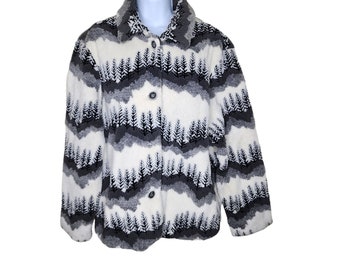 Vintage 90s Willow Ridge Forest Tree AOP Button Up Fleece Sherpa Jacket Womens 2XL
