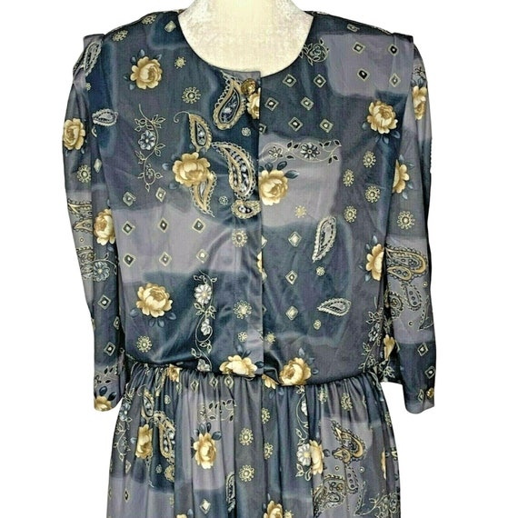 Vintage Midi Dress 14 Gray Floral Paisley 3/4 Sle… - image 1