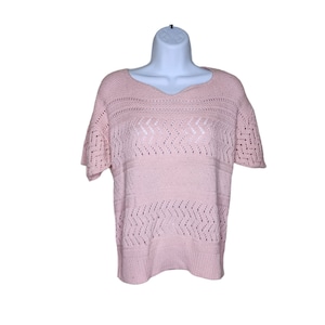 Vintage 80s Short Sleeve Knit Womens Sweater Size M Pink Pastel Romantic Academia