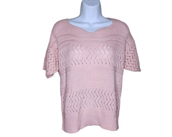 Vintage 80-tals kortärmad stickad damtröja storlek M rosa pastellfärgad romantisk akademia