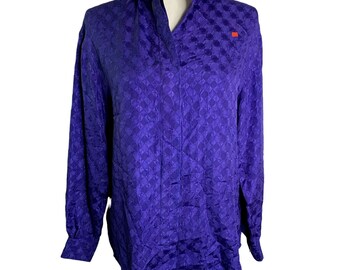 Vintage Tahari Silk Hidden Button Down Shirt 4 Blue Diamonds Long Sleeve Collar