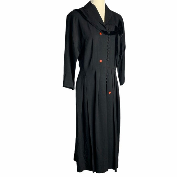 Vintage 50s Crepe Button Front Dress M Black Plea… - image 5