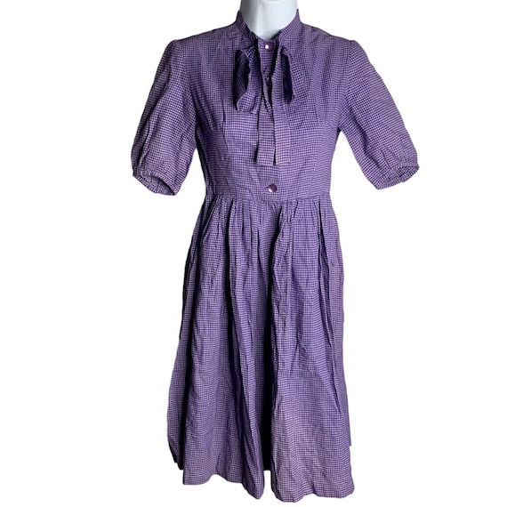 Vintage 60s Midi Swing Shirt Dress XS Purple Chec… - image 1