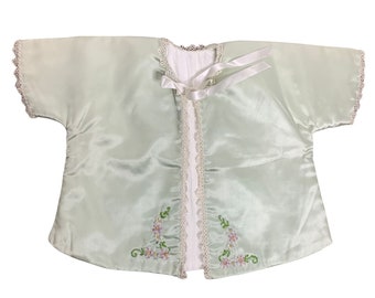 Vintage Handmade Toddler Jacket 3T Green Satin Lace Bow Tie Front Dolman Sleeve