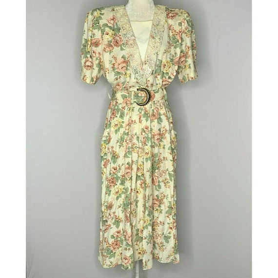 Vintage 80s Floral Midi Dress M Ivory Cottage Core