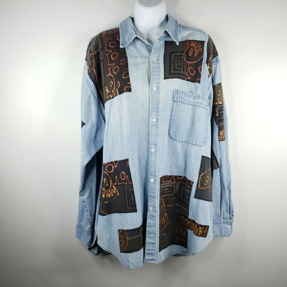 Vintage 90s Womens L Denim Blue Jean Shirt Oversized Painted Art 