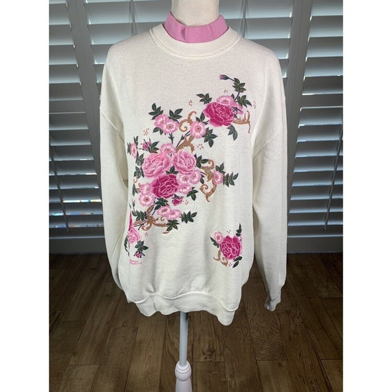Vtg Grandma Core Double Collar White Pink Flowers Sweatshirt M/L K Hamilton