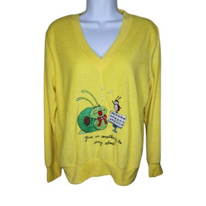 Vintage 70s VNeck Knit Top Sweater Snail Bug Womens Size XL Yellow Novelty