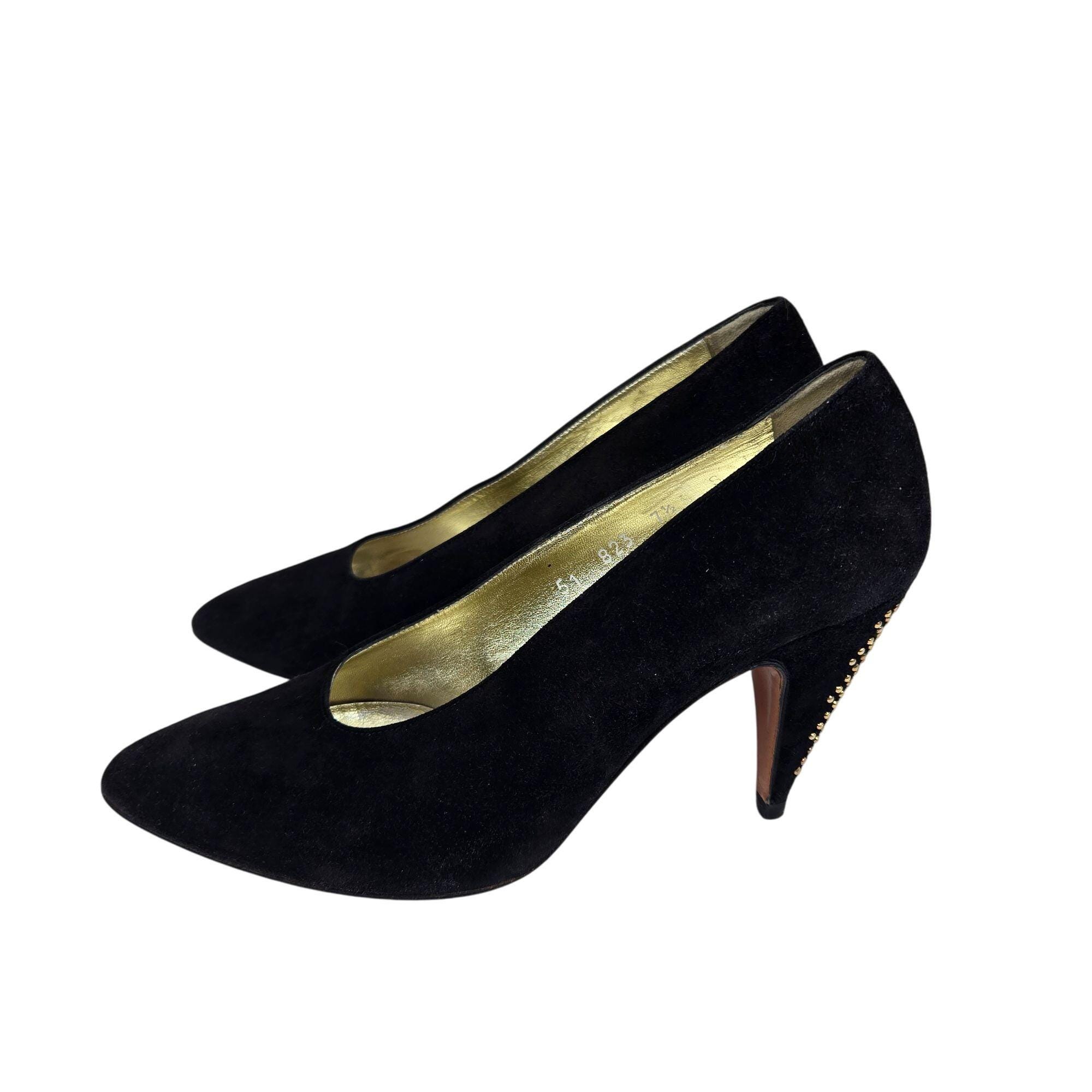 Vintage 90s Escada Black Suede Studded Heel Pumps Shoes  display picture 1