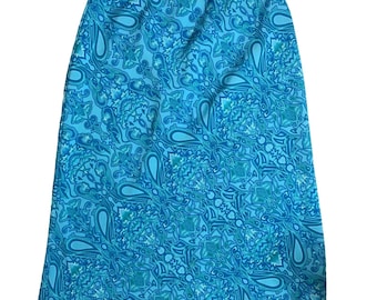 Vintage 90s Pullon A Line Knee Length Skirt M Blue Floral Elastic Waist Low Rise