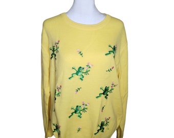 Vintage 80er Jahre Laubfrosch Bestickter Pullover Damen Größe L Gelb Neuheit