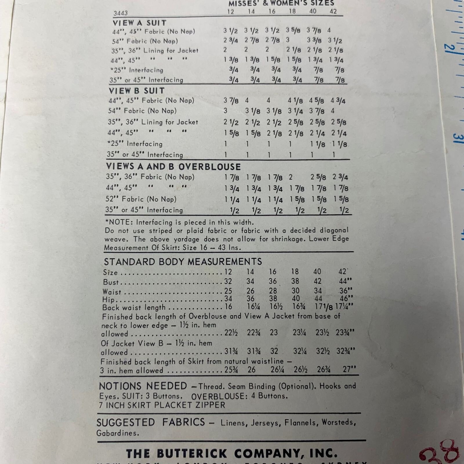 Vintage Butterick 3443 Pattern Misses 12-42 Three Piece Skirt Suit ...