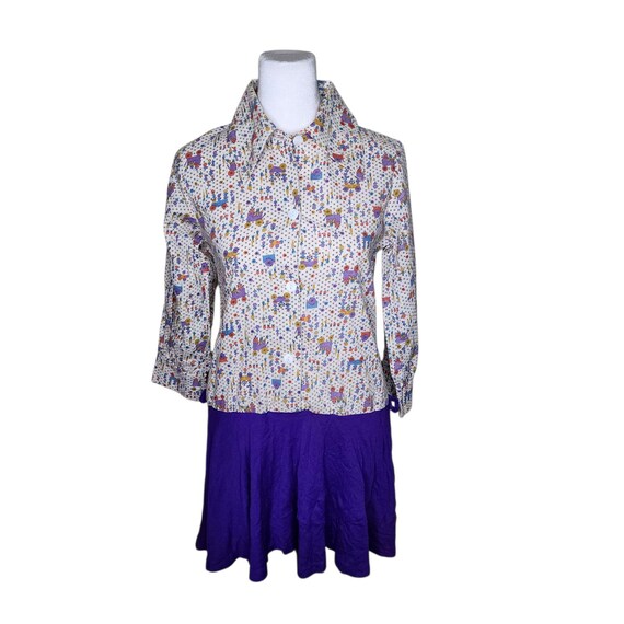 Vintage 70s Skater Dress Drop Waist Long Sleeve Whimsical Womens S Purple Vintage 70s Skater Dress Drop Waist Long Sleeve Whimsical Womens S Purple