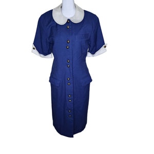 Vintage jaren '70 Shirtjurk Dames Maat M Blauwe Peter Pan Kraag Secretaresse Bescheiden