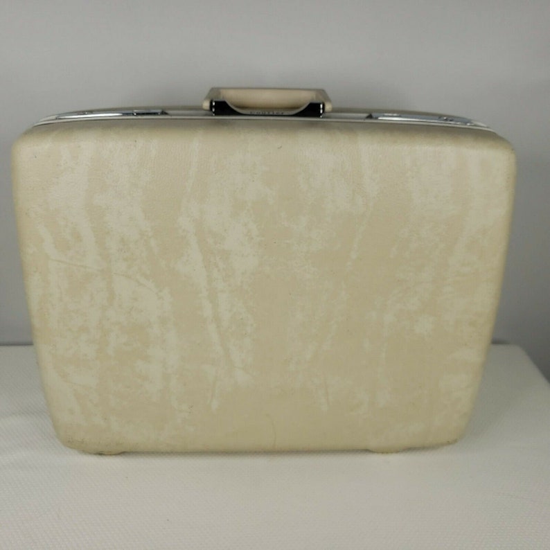 Vintage 60s Sears Courier White Marbled Hard Case Suitcase Luggage 19 in