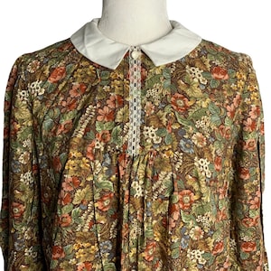 Vintage 80s Handmade Cottage Core Prairie Dress S Brown Floral Puff Sleeve