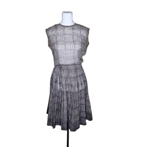 Vintage 50s Sheer Fit & Flare Dress Womens Size S Gray Pleated Sleeveless Pinup