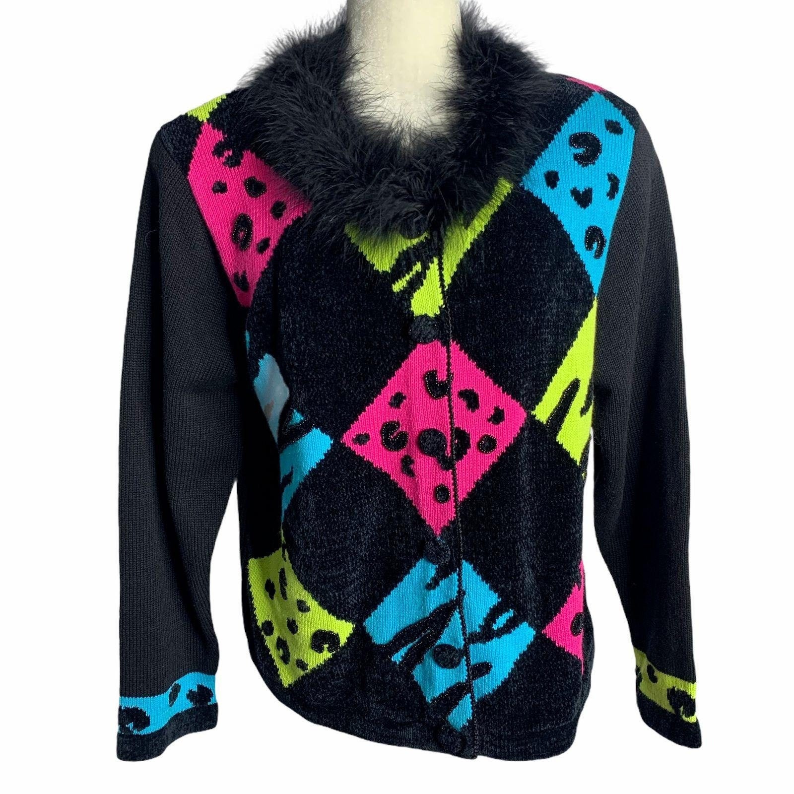 Vintage Beaded Knit Cardigan Sweater L 